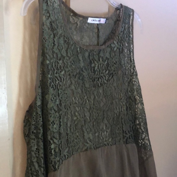 Olive Lace Top; Lace Overlay and Ruffle Undertank - Picture 2 of 7